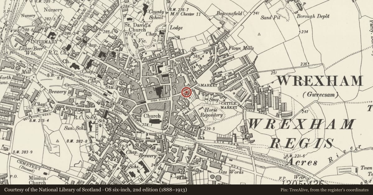 Ordnance Survey six-inch map, 2nd edition (1888–1913) covering the location of 20 Charles Street, Caia Park, Wrexham, with a pin at the register's coordinates