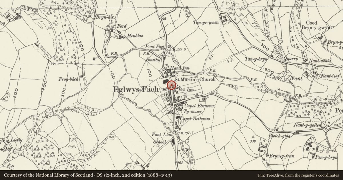 Ordnance Survey six-inch map, 2nd edition (1888–1913) covering the location of Sundial base at Church of St Martin, Eglwysbach, Conwy, with a pin at the register's coordinates