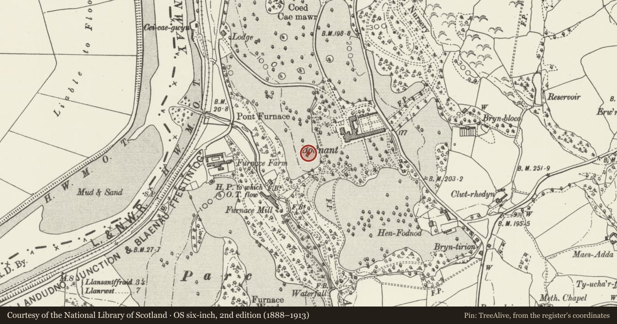 Ordnance Survey six-inch map, 2nd edition (1888–1913) covering the location of Semi-circular Walls and Steps leading to Canal Terrace, Eglwysbach, Conwy, with a pin at the register's coordinates