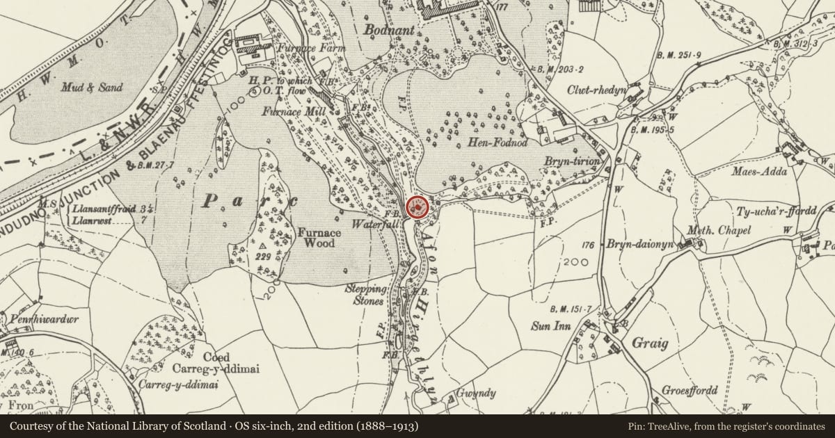Ordnance Survey six-inch map, 2nd edition (1888–1913) covering the location of The Poem, Eglwysbach, Conwy, with a pin at the register's coordinates