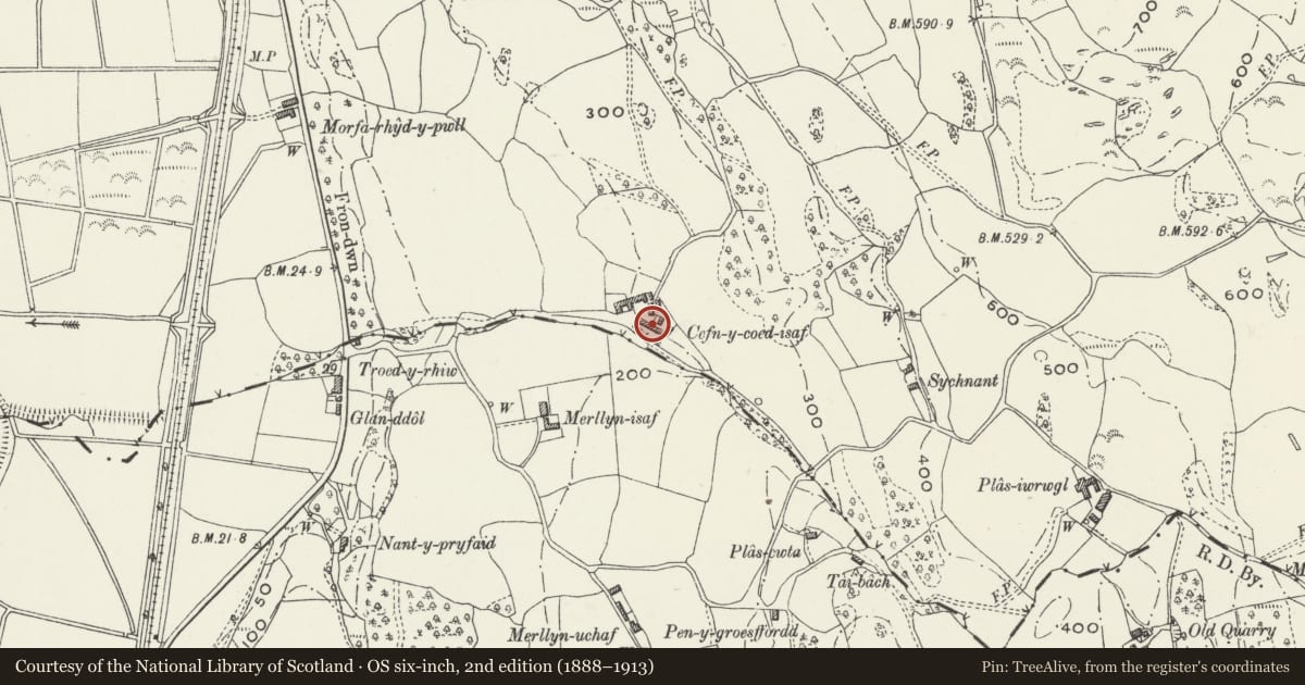 Ordnance Survey six-inch map, 2nd edition (1888–1913) covering the location of Agricultural Range at Cefn-y-Coed Isa, Eglwysbach, Conwy, with a pin at the register's coordinates