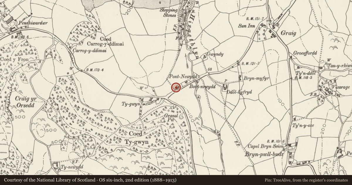 Ordnance Survey six-inch map, 2nd edition (1888–1913) covering the location of Barn at Bont Newydd, Eglwysbach, Conwy, with a pin at the register's coordinates