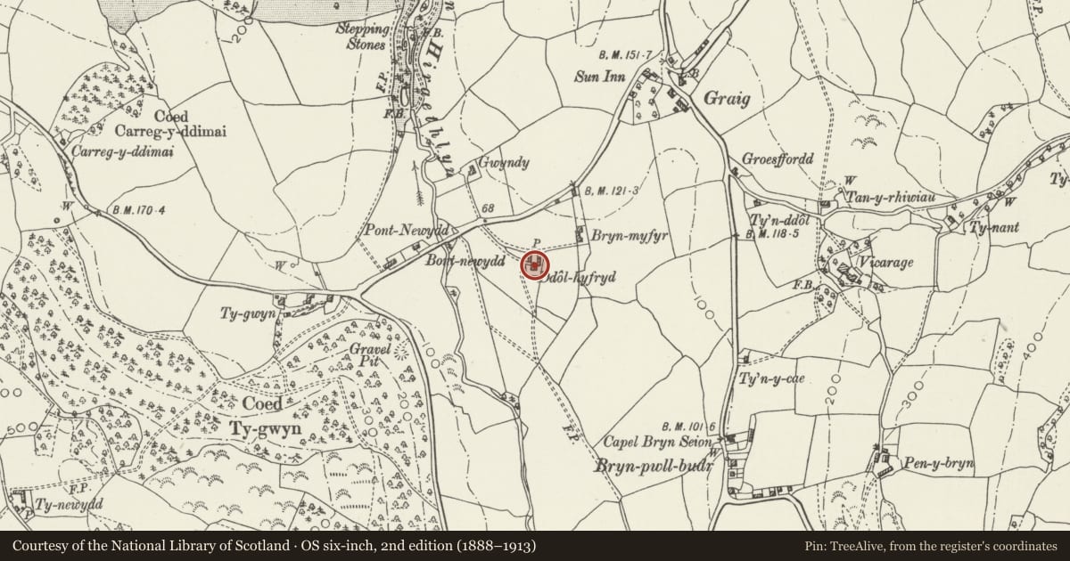 Ordnance Survey six-inch map, 2nd edition (1888–1913) covering the location of Ddolhyfryd Farmhouse, Eglwysbach, Conwy, with a pin at the register's coordinates