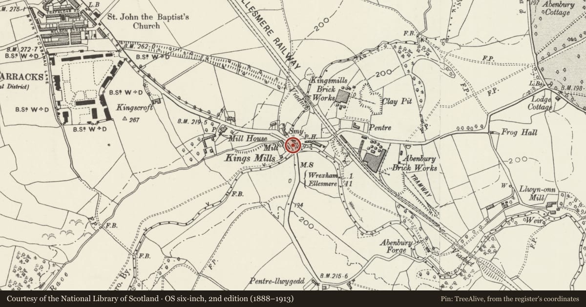 Ordnance Survey six-inch map, 2nd edition (1888–1913) covering the location of Kingsmills Bridge over River Clywedog, Caia Park, Wrexham, with a pin at the register's coordinates