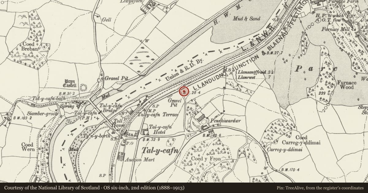 Ordnance Survey six-inch map, 2nd edition (1888–1913) covering the location of Penrhyd Gatehouse, Eglwysbach, Conwy, with a pin at the register's coordinates
