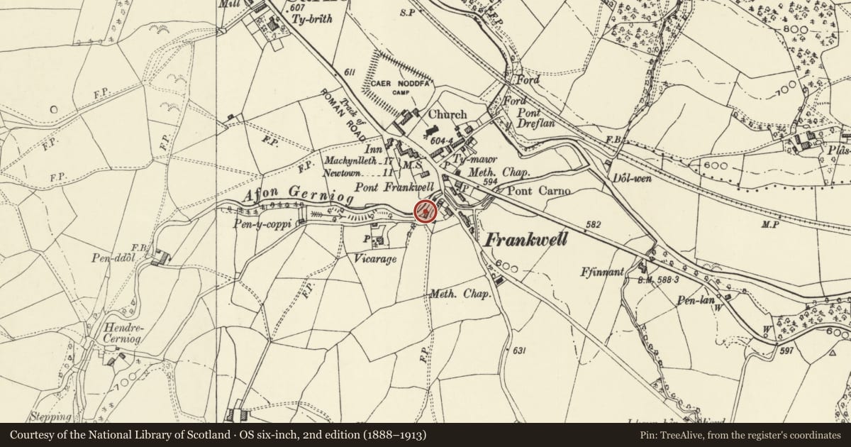 Ordnance Survey six-inch map, 2nd edition (1888–1913) covering the location of Ynyth, Carno, Powys, with a pin at the register's coordinates