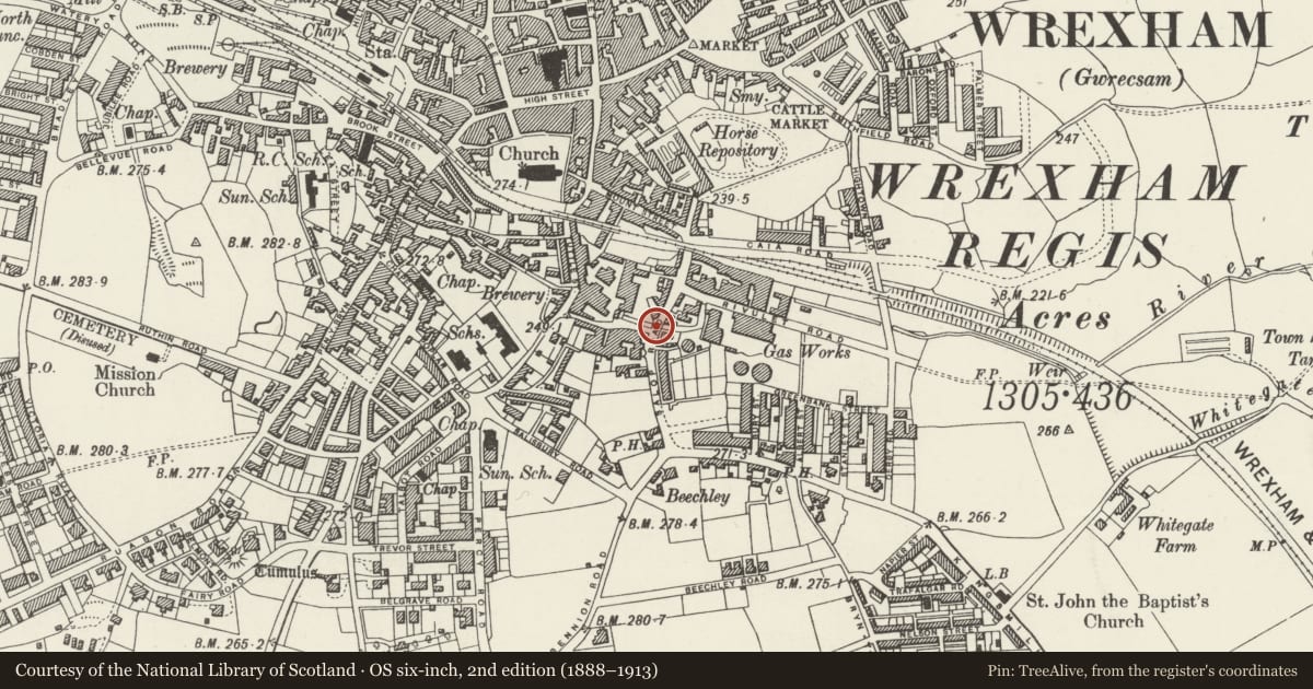 Ordnance Survey six-inch map, 2nd edition (1888–1913) covering the location of Willow Bridge, with adjacent Railings and Culvert Arch, Offa, Wrexham, with a pin at the register's coordinates