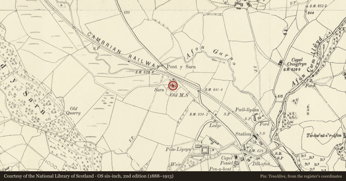 Ordnance Survey six-inch map, 2nd edition (1888–1913) covering the location of Sarn Farmhouse, Carno, Powys, with a pin at the register's coordinates