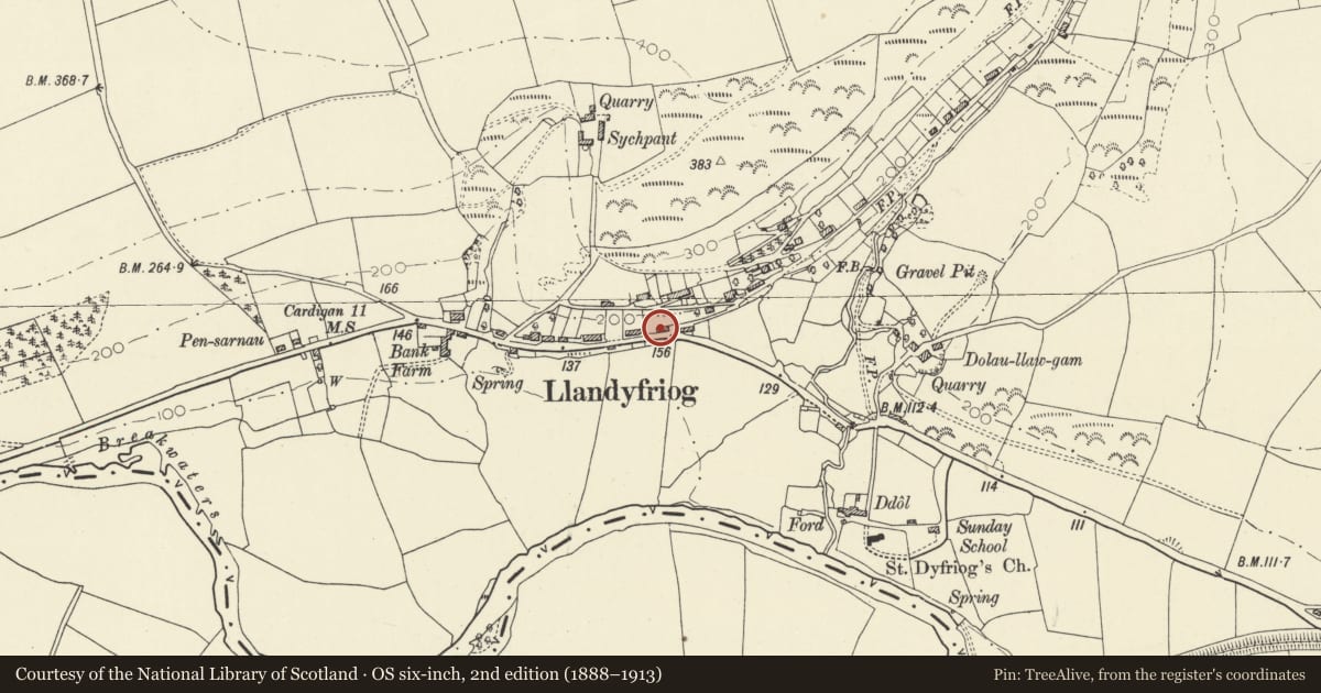 Ordnance Survey six-inch map, 2nd edition (1888–1913) covering the location of Derlwyn and railed forecourt, Llandyfriog, Ceredigion, with a pin at the register's coordinates