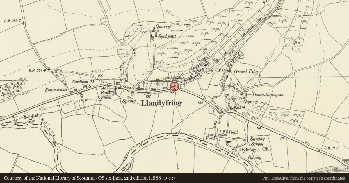 Ordnance Survey six-inch map, 2nd edition (1888–1913) covering the location of Telephone Call-Box outside Derlwyn (01239 710363), Llandyfriog, Ceredigion, with a pin at the register's coordinates