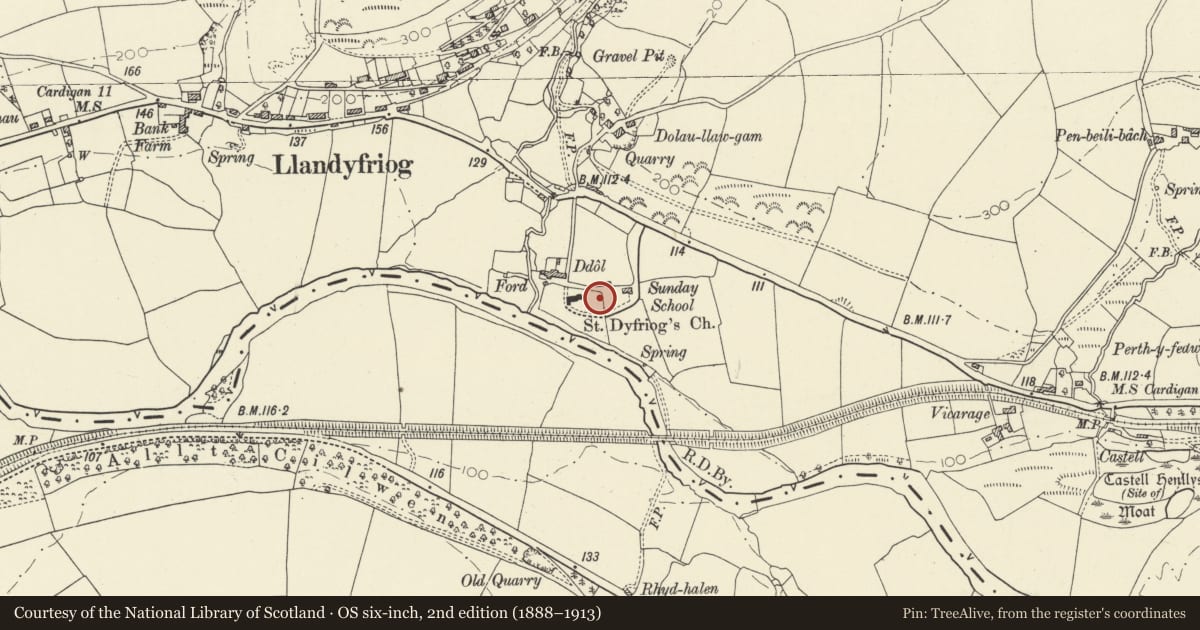 Ordnance Survey six-inch map, 2nd edition (1888–1913) covering the location of Railed Monument E of St Tyfriog's Church, Llandyfriog, Ceredigion, with a pin at the register's coordinates