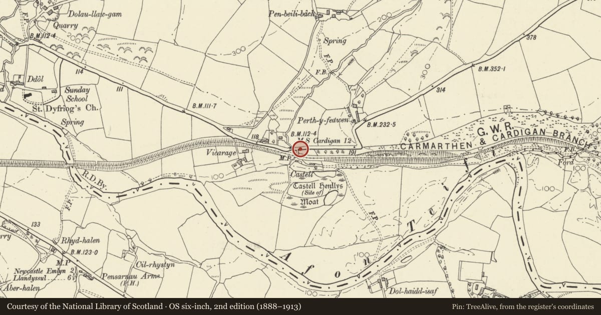 Ordnance Survey six-inch map, 2nd edition (1888–1913) covering the location of Milestone near Berthyfedwen, Llandyfriog, Ceredigion, with a pin at the register's coordinates