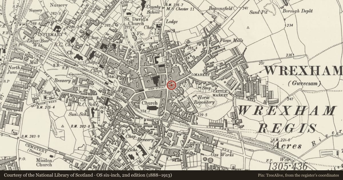 Ordnance Survey six-inch map, 2nd edition (1888–1913) covering the location of Wymmstay Arms Hotel, Caia Park, Wrexham, with a pin at the register's coordinates
