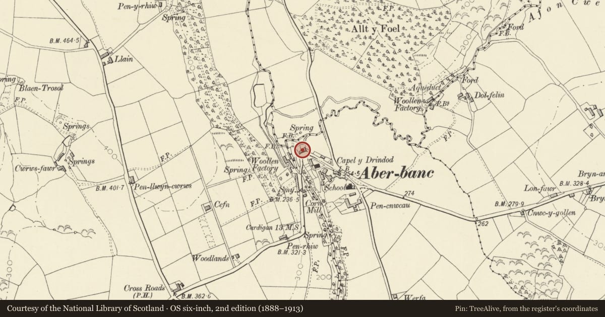 Ordnance Survey six-inch map, 2nd edition (1888–1913) covering the location of Terraced row of 3 Cottages - Left Cottage, Llandyfriog, Ceredigion, with a pin at the register's coordinates