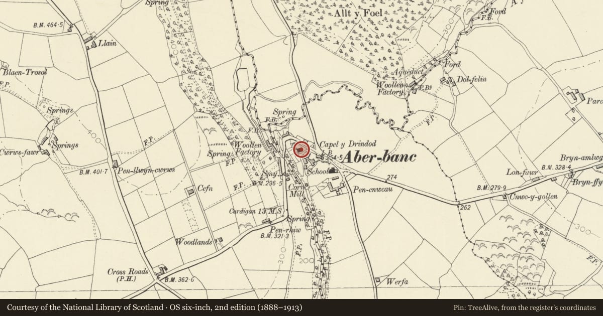 Ordnance Survey six-inch map, 2nd edition (1888–1913) covering the location of Capel y Drindod, Llandyfriog, Ceredigion, with a pin at the register's coordinates