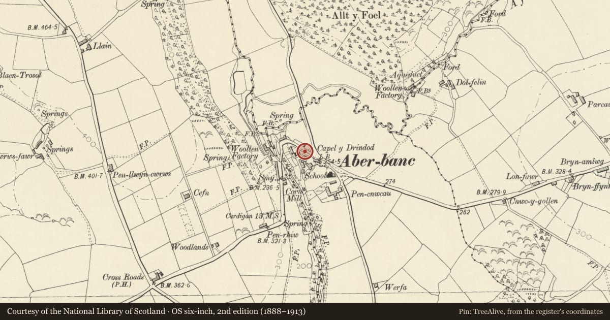 Ordnance Survey six-inch map, 2nd edition (1888–1913) covering the location of Gates and Piers at Capel y Drindod, Llandyfriog, Ceredigion, with a pin at the register's coordinates