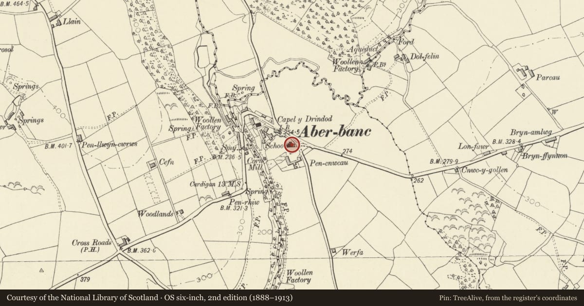 Ordnance Survey six-inch map, 2nd edition (1888–1913) covering the location of Yr Hen Ysgol, Llandyfriog, Ceredigion, with a pin at the register's coordinates