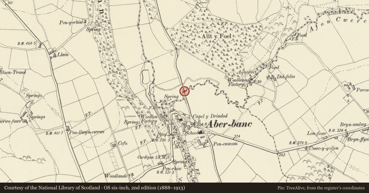 Ordnance Survey six-inch map, 2nd edition (1888–1913) covering the location of Bridge over Nant Gwylan, Llandyfriog, Ceredigion, with a pin at the register's coordinates