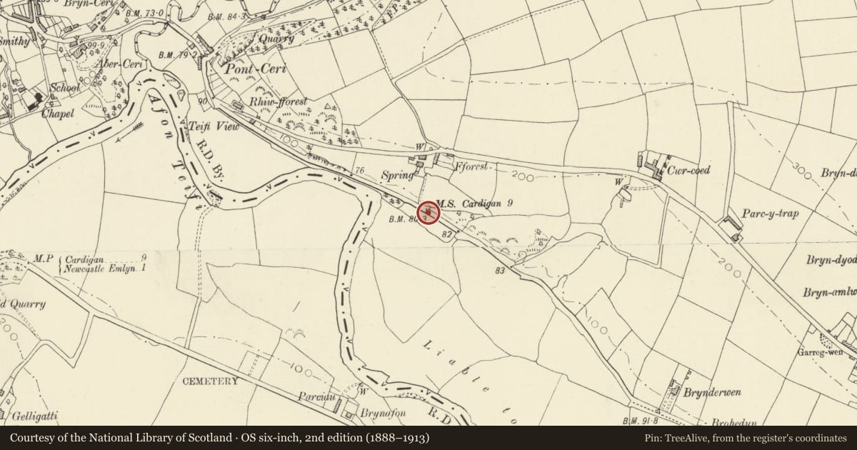 Ordnance Survey six-inch map, 2nd edition (1888–1913) covering the location of Milestone near Picnic Site, Llandyfriog, Ceredigion, with a pin at the register's coordinates