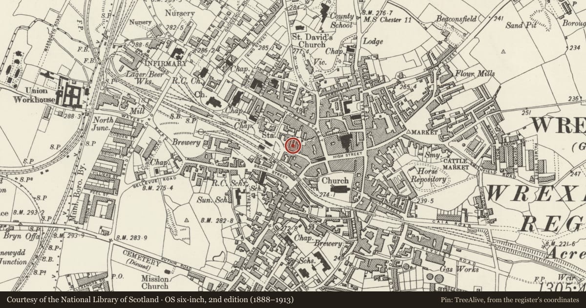 Ordnance Survey six-inch map, 2nd edition (1888–1913) covering the location of The Cross Foxes Public House, Offa, Wrexham, with a pin at the register's coordinates