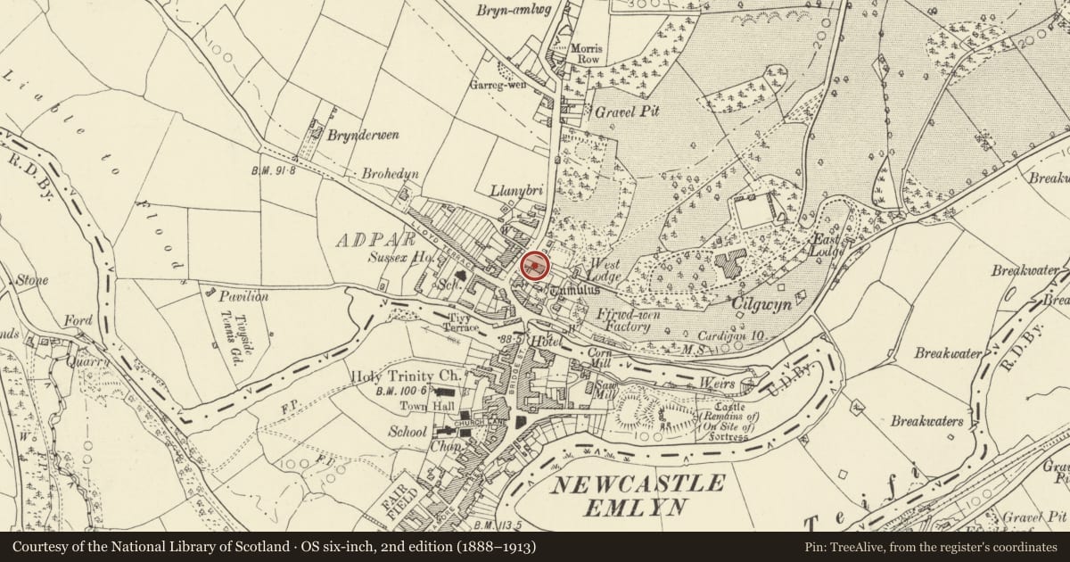 Ordnance Survey six-inch map, 2nd edition (1888–1913) covering the location of The Nag's Head including rear Outbuilding, Llandyfriog, Ceredigion, with a pin at the register's coordinates
