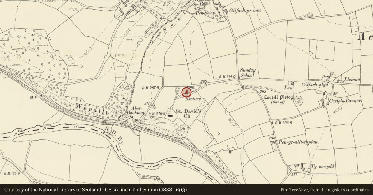 Ordnance Survey six-inch map, 2nd edition (1888–1913) covering the location of The Old Rectory, Llandyfriog, Ceredigion, with a pin at the register's coordinates
