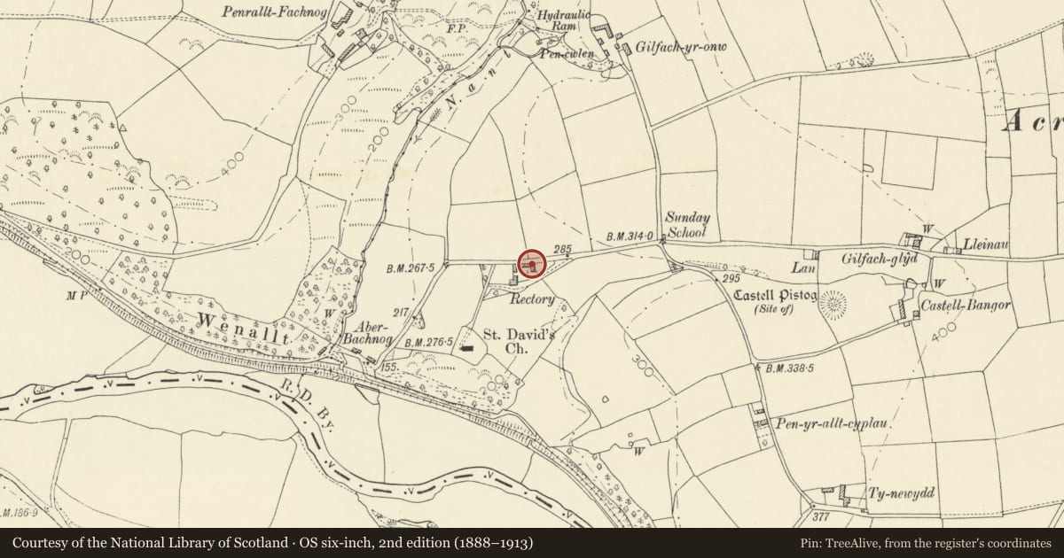 Ordnance Survey six-inch map, 2nd edition (1888–1913) covering the location of Former Agricultural Ranges at Old Rectory, Llandyfriog, Ceredigion, with a pin at the register's coordinates