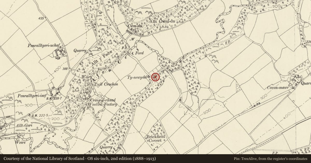 Ordnance Survey six-inch map, 2nd edition (1888–1913) covering the location of Cwmdu Cottage, Llandyfriog, Ceredigion, with a pin at the register's coordinates
