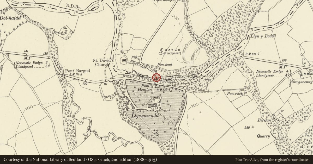 Ordnance Survey six-inch map, 2nd edition (1888–1913) covering the location of Pont Henllan ( Partly in Llangeler Community ), Llandyfriog, Ceredigion, with a pin at the register's coordinates