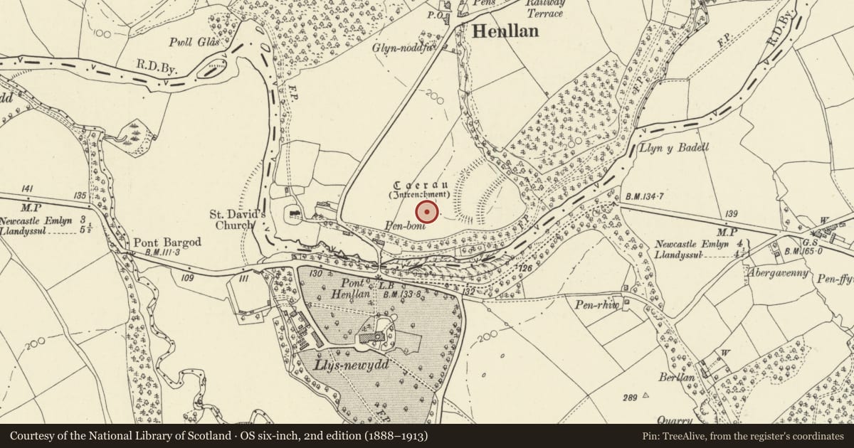 Ordnance Survey six-inch map, 2nd edition (1888–1913) covering the location of Former P.O.W. Chapel at Henllan Caravan Park, Llandyfriog, Ceredigion, with a pin at the register's coordinates