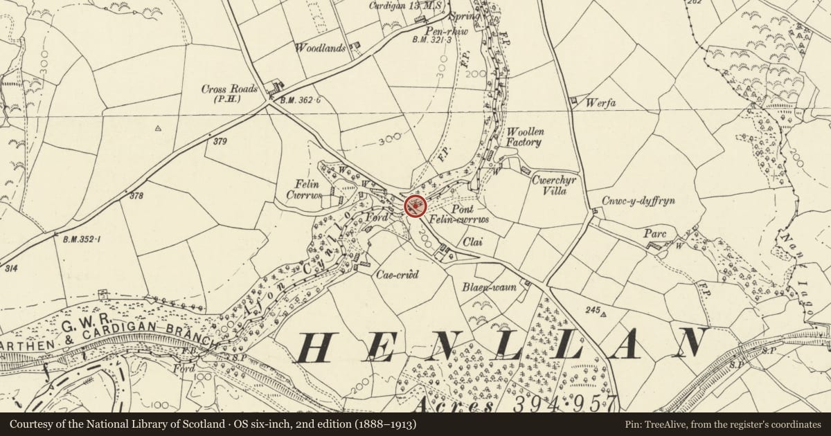 Ordnance Survey six-inch map, 2nd edition (1888–1913) covering the location of Pont Felin Cwrrws, Llandyfriog, Ceredigion, with a pin at the register's coordinates