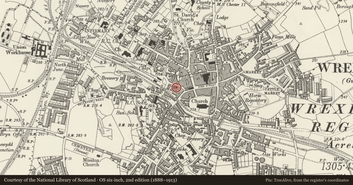 Ordnance Survey six-inch map, 2nd edition (1888–1913) covering the location of The Old Swan Public House, Offa, Wrexham, with a pin at the register's coordinates