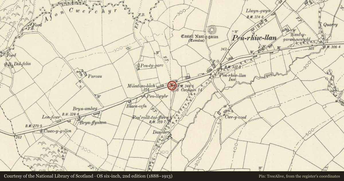 Ordnance Survey six-inch map, 2nd edition (1888–1913) covering the location of Milestone in Village Centre, Llandyfriog, Ceredigion, with a pin at the register's coordinates