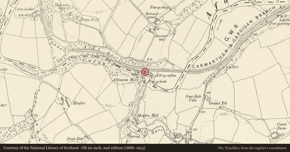 Ordnance Survey six-inch map, 2nd edition (1888–1913) covering the location of Pont Allt-y-Cafan (Partly in Llangeler Community ), Llandyfriog, Ceredigion, with a pin at the register's coordinates