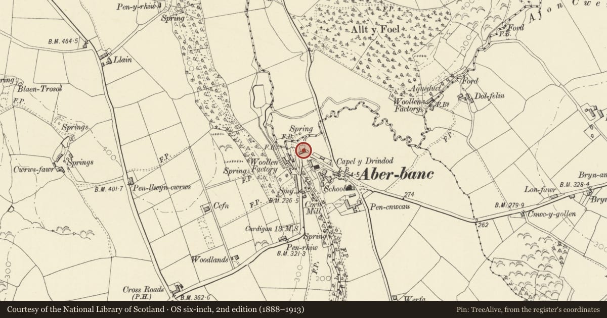 Ordnance Survey six-inch map, 2nd edition (1888–1913) covering the location of Terraced row of 3 cottages , Middle cottage, Llandyfriog, Ceredigion, with a pin at the register's coordinates