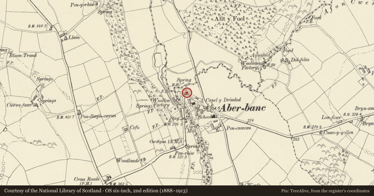 Ordnance Survey six-inch map, 2nd edition (1888–1913) covering the location of Terraced row of 3 cottages , Right hand cottage, Llandyfriog, Ceredigion, with a pin at the register's coordinates