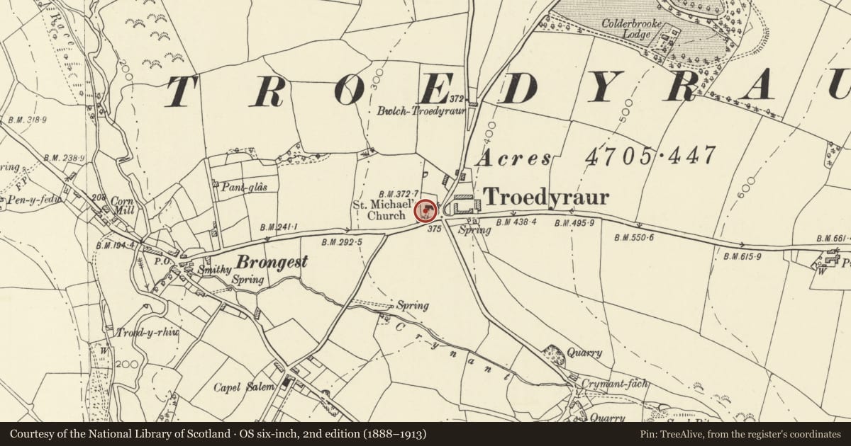 Ordnance Survey six-inch map, 2nd edition (1888–1913) covering the location of Ebenezer Morris Monument in Troedyraur Churchyard, Ceredigion, with a pin at the register's coordinates