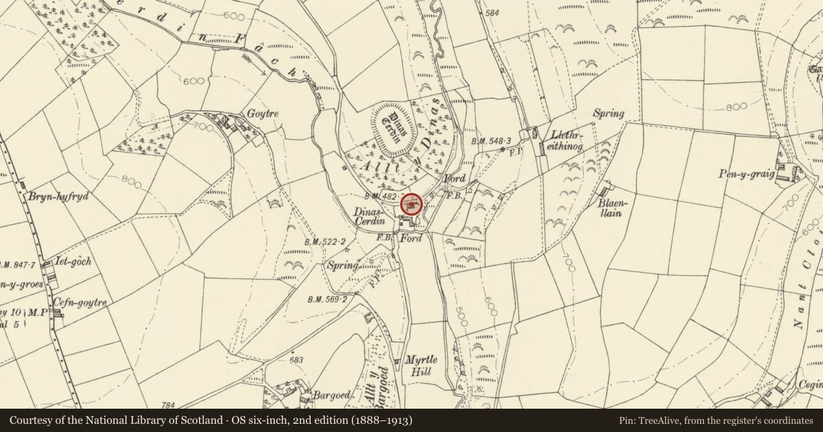 Ordnance Survey six-inch map, 2nd edition (1888–1913) covering the location of Dinas Cerdin, Troedyraur, Ceredigion, with a pin at the register's coordinates