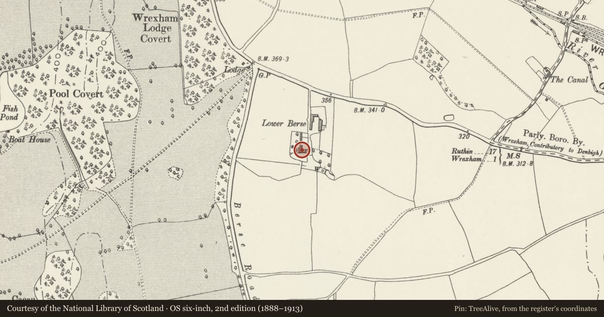 Ordnance Survey six-inch map, 2nd edition (1888–1913) covering the location of Lower Berse Farmhouse, Offa, Wrexham, with a pin at the register's coordinates