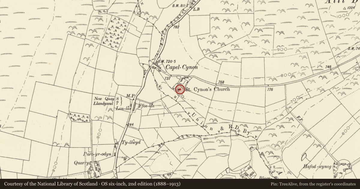 Ordnance Survey six-inch map, 2nd edition (1888–1913) covering the location of Church of St Cynon, Troedyraur, Ceredigion, with a pin at the register's coordinates