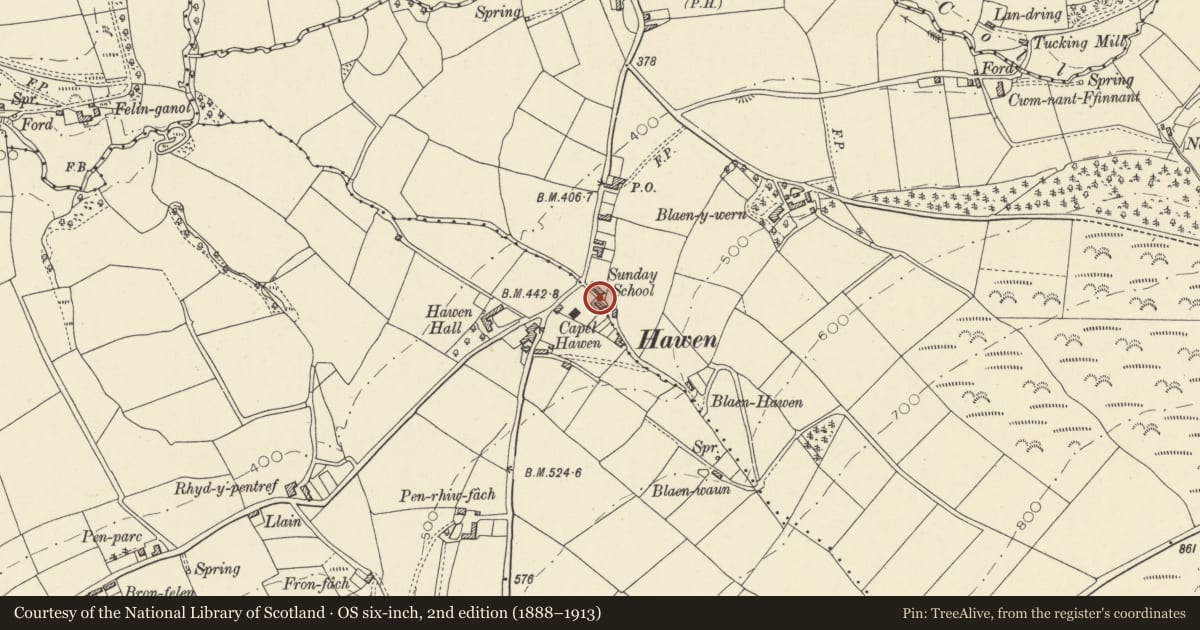 Ordnance Survey six-inch map, 2nd edition (1888–1913) covering the location of Awenfa, Troedyraur, Ceredigion, with a pin at the register's coordinates