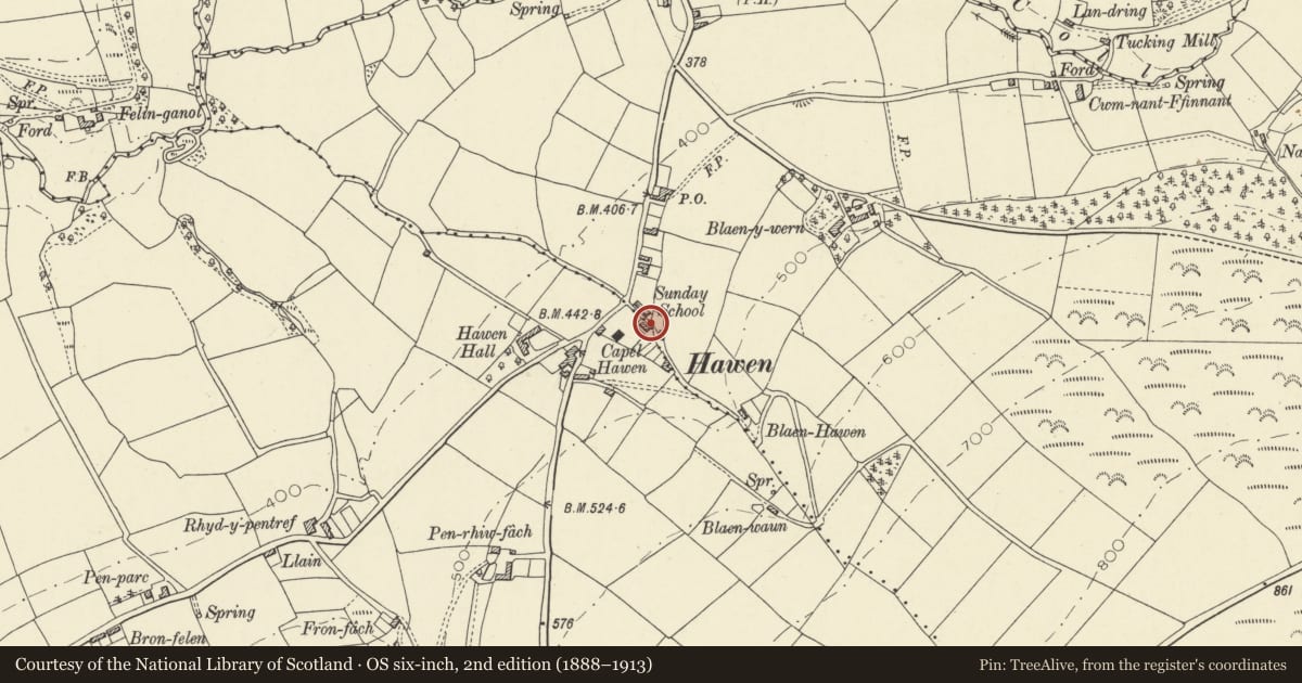 Ordnance Survey six-inch map, 2nd edition (1888–1913) covering the location of Glandwr, Troedyraur, Ceredigion, with a pin at the register's coordinates