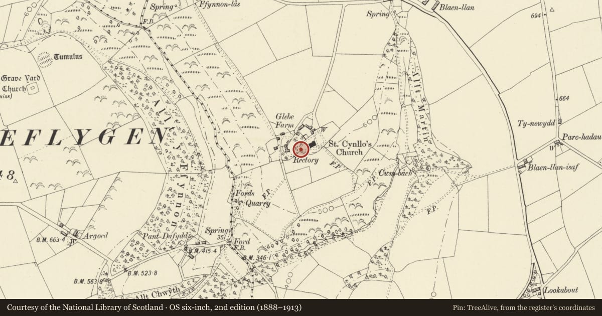 Ordnance Survey six-inch map, 2nd edition (1888–1913) covering the location of Bronwydd enclosure W of Llangynllo Church, Troedyraur, Ceredigion, with a pin at the register's coordinates