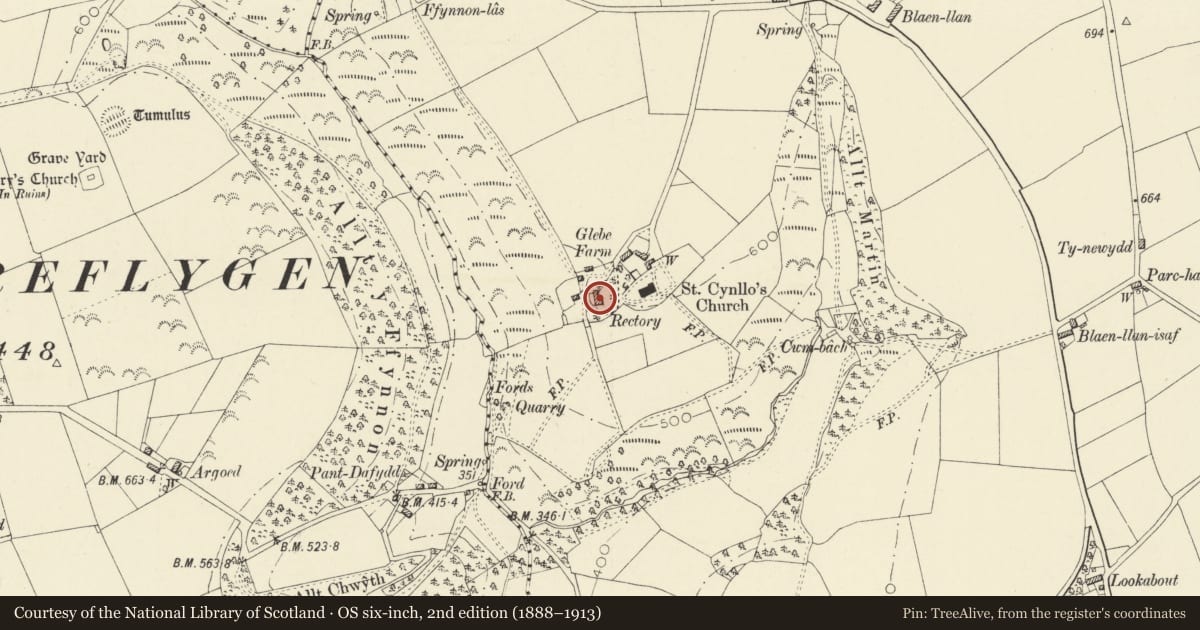 Ordnance Survey six-inch map, 2nd edition (1888–1913) covering the location of The Old Rectory, Troedyraur, Ceredigion, with a pin at the register's coordinates