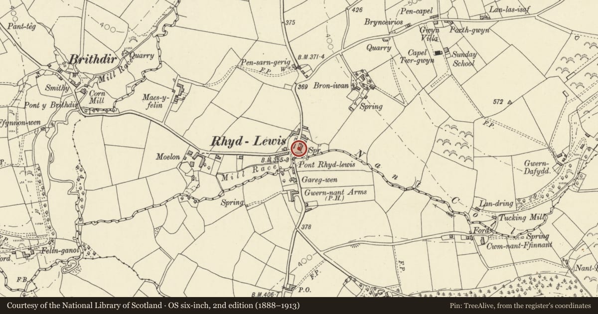 Ordnance Survey six-inch map, 2nd edition (1888–1913) covering the location of Rhydlewis Stores and Post Office, Troedyraur, Ceredigion, with a pin at the register's coordinates