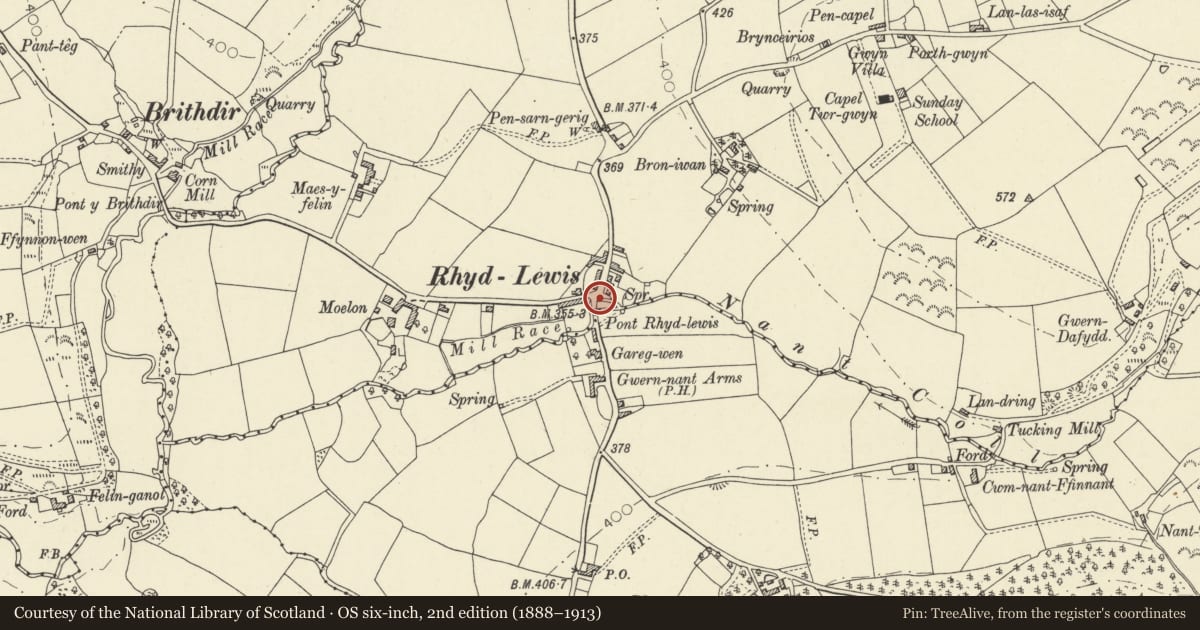 Ordnance Survey six-inch map, 2nd edition (1888–1913) covering the location of Telephone Call-box by Rhydlewis Bridge (01239 851427), Troedyraur, Ceredigion, with a pin at the register's coordinates
