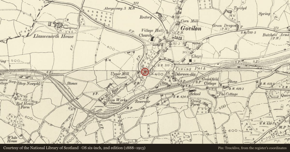 Ordnance Survey six-inch map, 2nd edition (1888–1913) covering the location of Embanked Aqueduct SW of Govilon ( including Wall & Gate-piers to W ), Llanfoist Fawr, Monmouthshire, with a pin at the register's coordinates