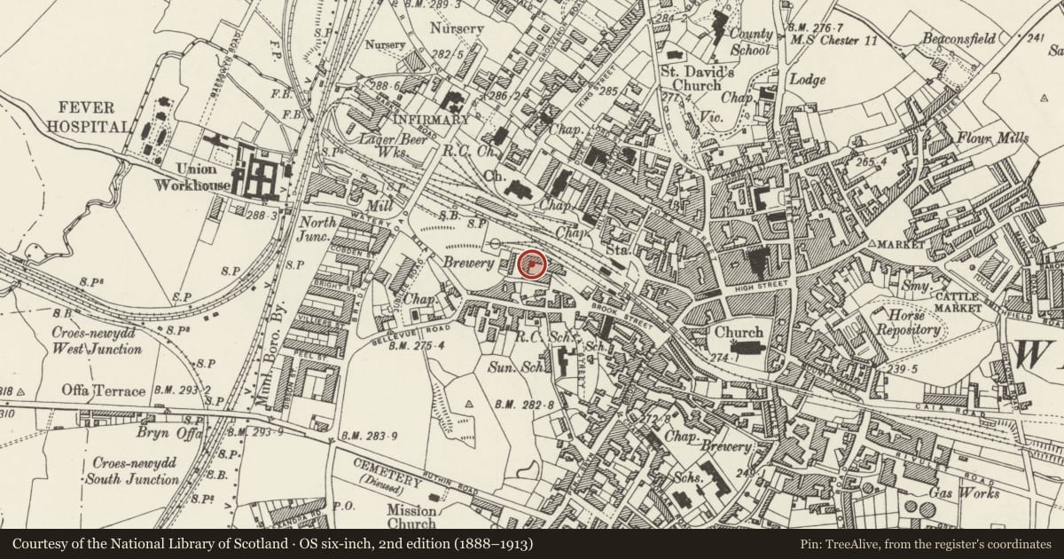Ordnance Survey six-inch map, 2nd edition (1888–1913) covering the location of Former Island Green Brewery including Former Malthouse, Offa, Wrexham, with a pin at the register's coordinates