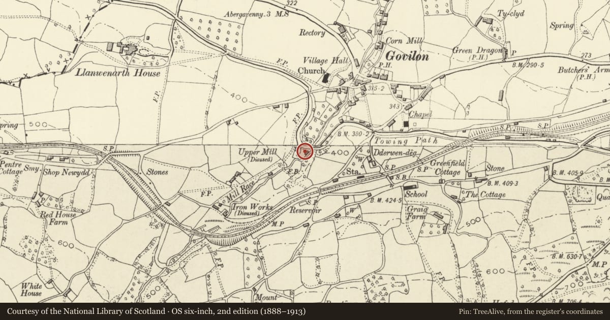 Ordnance Survey six-inch map, 2nd edition (1888–1913) covering the location of Canal Drain to W of embanked Aqueduct, Llanfoist Fawr, Monmouthshire, with a pin at the register's coordinates