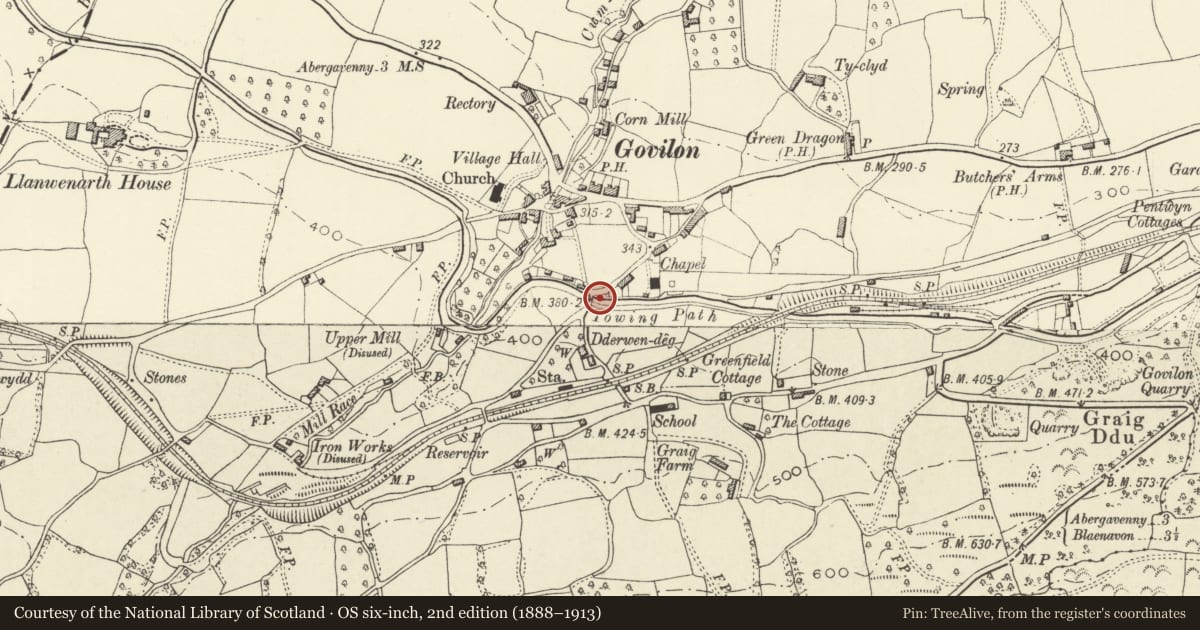 Ordnance Survey six-inch map, 2nd edition (1888–1913) covering the location of Govilon Bridge (Canal Bridge no 98), Llanfoist Fawr, Monmouthshire, with a pin at the register's coordinates